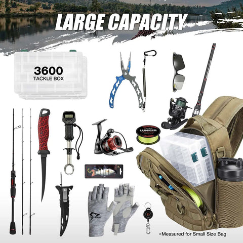 Water Resistant Fishing Backpack With Rod Holder And Padded Straps Lightweight Sling Bag showing large capacity and gear