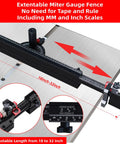 Heavy Table Saw Miter Gauge With Micro Adjust Flip Stop And Extensible Aluminum Fence From 18 To 32 Inches showing adjustable lengths and scales.