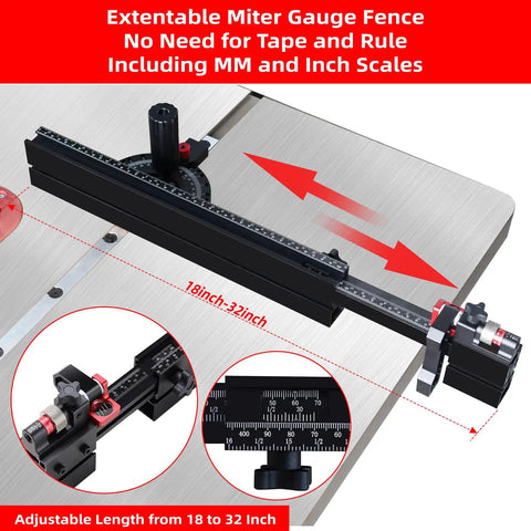 Heavy Table Saw Miter Gauge With Micro Adjust Flip Stop And Extensible Aluminum Fence From 18 To 32 Inches showing adjustable lengths and scales.