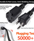 Built Tough 100 Ft 12/3 SJTW Outdoor Power Cord With Water and Weather Resistance, Kink Resistant, showing plug design and outlet use