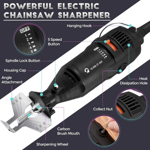Powerful Chainsaw Sharpener Kit With 180W Motor And 5 Speed Settings 8000 To 35000 RPM includes diamond wheels angle guide