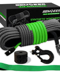 All In One Synthetic Winch Rope Kit 1/4 Inch By 50 Feet With 10000 Lbs Break Strength displayed with hook, sleeve, stopper, and strap