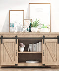 TV stand with 8ft Super Mini Sliding Barn Door Hardware Kit For Double Doors, J Shape Hanger, Flexible Floor Guides shown in room