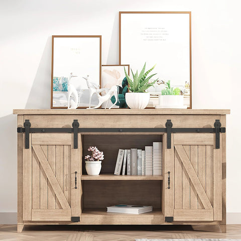 TV stand with 8ft Super Mini Sliding Barn Door Hardware Kit For Double Doors, J Shape Hanger, Flexible Floor Guides shown in room