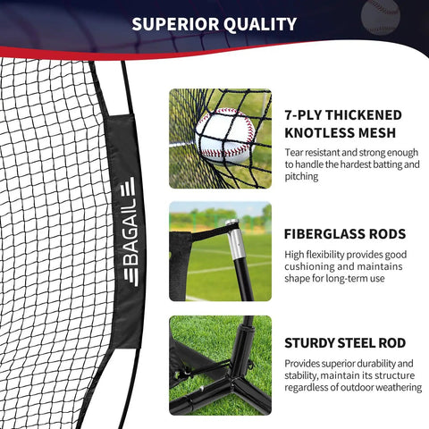 7x7 Ft Baseball And Softball Practice Net With Bow Frame For Batting Hitting And Pitching Portable Backyard Ready Pro Grade Throwing Net With Strike Zone Heavy Duty Steel Rods Durable 7 Ply Polyester Mesh Carry Bag For Indoor Outdoor Use showing mesh and rod details