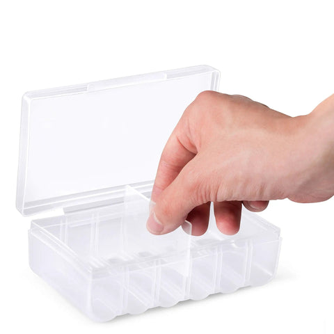 Hand interacting with Four Battery Storage Boxes For AA And AAA Clear Snap Lid Organizer Set Each Holds Up To 12 Batteries Everyday Carry Portable Case.