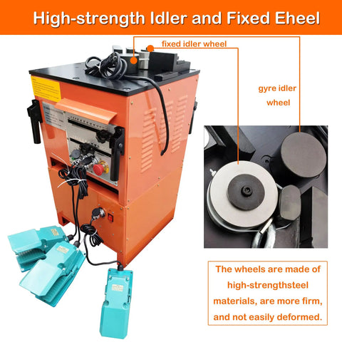 High Powered Electric Rebar Bender And Cutter With One Inch Capacity And 0 To 180 Degree Hydraulic Steel Bending Driven By A Rock Solid 1700W Motor side view showing high-strength idler and fixed wheels