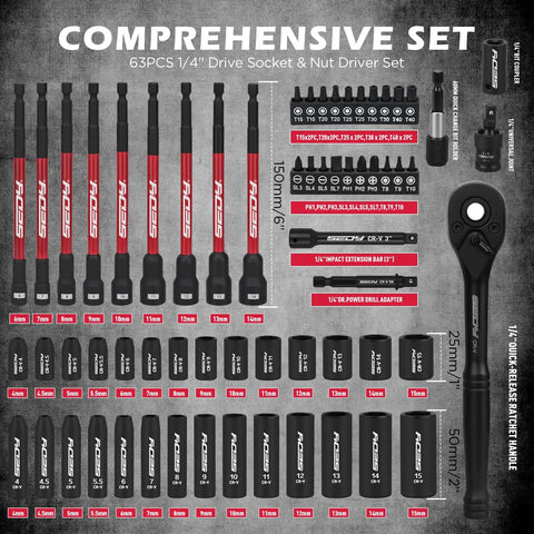 Pro Grade 63 Piece Metric Socket Set And Nut Driver Kit For One Quarter Inch Drive, Standard And Deep Sockets Layout