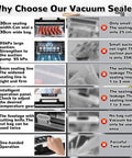 Comparison chart detailing 11 In 1 Smart Food Vacuum Sealer With 95 KPa Power features like sealing width, suction, and operation panel.