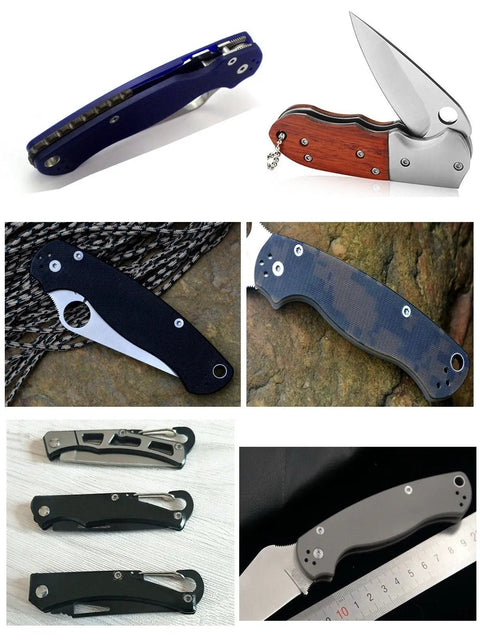 Collage of diverse folding knives showcasing handles with stainless 304 knife handle screws for knifemakers and DIY projects.
