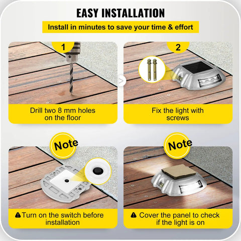 Installation steps for Solar Driveway Lights 12 Pack With 6 LED Per Light, Hella Bright White Beams, Waterproof Aluminum Housing, Silver Finish