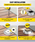 Easy installation steps for Solar LED Driveway Lights 16 Pack With Switch Waterproof Outdoor Pathway Markers shown on wooden deck.