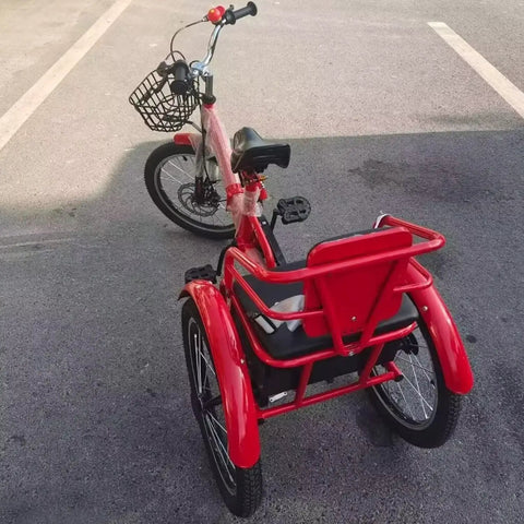 Red folding tricycle with rear passenger seat in PU leather, adjustable height, dual brakes, and pneumatic spoke wheels.