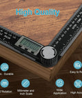 Digital Angle Ruler Protractor With 7 Inch And 200mm Scale, LCD display measuring corner angle on wooden surface, durable ABS build.