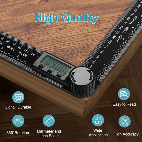 Digital Angle Ruler Protractor With 7 Inch And 200mm Scale, LCD display measuring corner angle on wooden surface, durable ABS build.