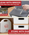 AshGlen White Ceramic Mini Panini Press Grill That Heats Fast For Two Sandwiches Or Burgers At Once with oil drip outlet and vertical design for easy storage.