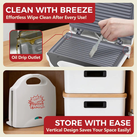 AshGlen White Ceramic Mini Panini Press Grill That Heats Fast For Two Sandwiches Or Burgers At Once with oil drip outlet and vertical design for easy storage.