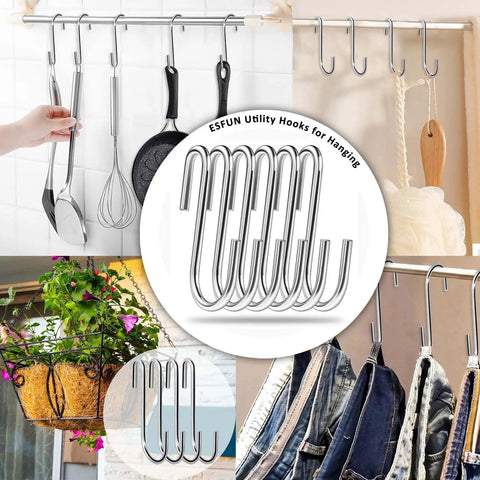 Heavy Duty S Hooks 2.4 Inch 30 Pack For Hanging Pots Utensils Jeans Clothes Bags Hats Towels Plants And More Strong Metal Hangers For Kitchen Shelves Closet Garage And Wall Racks displayed in various usage scenarios.