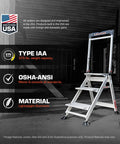 Three Step Foldable Aluminum Step Stool 2.2 Ft Tall With Non Slip Riser, Lightweight Yet Sturdy, Safety Handrail, Top Cap Tray With Phone Holder, Hooks And Tool Ports For Handy Home Or Jobsite Work on construction site
