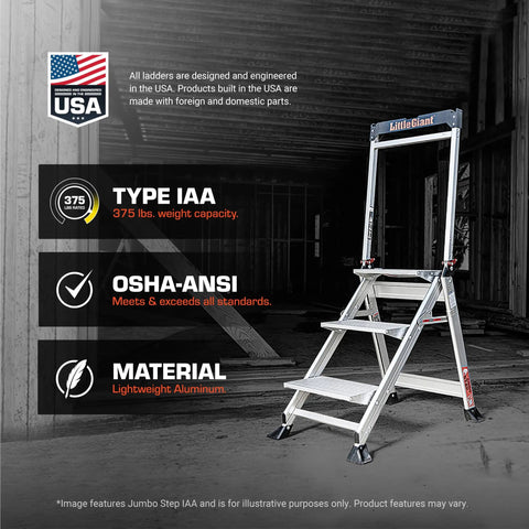 Three Step Foldable Aluminum Step Stool 2.2 Ft Tall With Non Slip Riser, Lightweight Yet Sturdy, Safety Handrail, Top Cap Tray With Phone Holder, Hooks And Tool Ports For Handy Home Or Jobsite Work on construction site