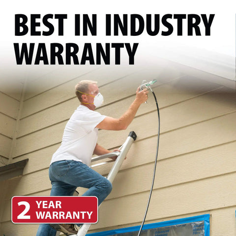 Professional HEA Airless Paint Sprayer in use, man on ladder painting exterior wall, shows 2 year warranty.