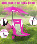 Low Beach Chair With Removable UPF 50 Plus Umbrella Lightweight Folding Backpack Style Camp Chair With Cup Holder For Sand Beach Picnic Or Lawn Easy Carry Kickback Comfort For All Day in bright pink with adjustable canopy and features highlighted on grass.