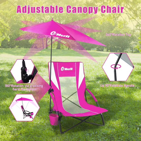 Low Beach Chair With Removable UPF 50 Plus Umbrella Lightweight Folding Backpack Style Camp Chair With Cup Holder For Sand Beach Picnic Or Lawn Easy Carry Kickback Comfort For All Day in bright pink with adjustable canopy and features highlighted on grass.