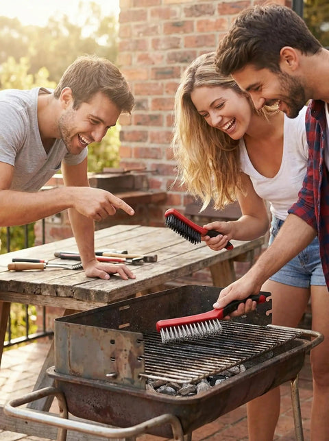 Group using Heavy Duty Wire Brush Set Two Piece With 10 Inch Curved Plastic Handles Carbon Steel And Stainless Steel Heads on grill