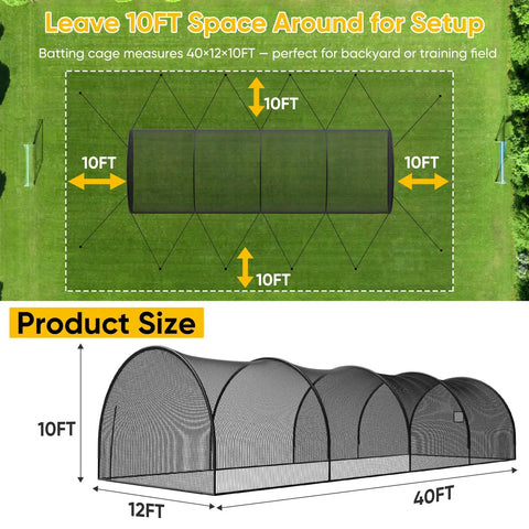 Diagram showing the Backyard Baseball And Softball Batting Cage With Enclosed Net And Pitching Hole 40 By 12 By 10 Feet Fiberglass Pole System