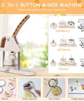 3 In 1 Button Maker Kit With Ergonomic Arc Handle For 25mm, 32mm, And 58mm Badges overview with examples of button uses