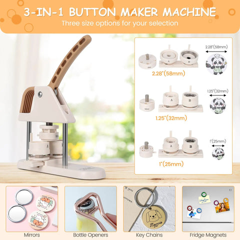 3 In 1 Button Maker Kit With Ergonomic Arc Handle For 25mm, 32mm, And 58mm Badges overview with examples of button uses