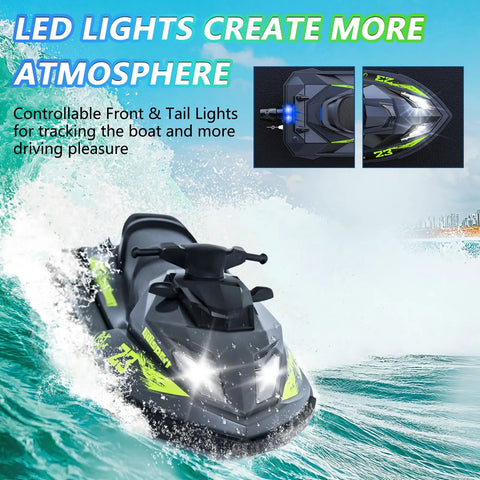 High Speed RC Boat For Kids And Adults With Jet Pump Propulsion 20 KMH Shallow V Hull Hidden Propeller ABS Hull Pool And Lake Play Safe Easy Turns Realistic Water Fun Outdoor Play And Drift Ready with LED lights in action