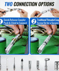 9 Piece Grease Gun Couplers Quick Connect Kit showing two connection options; quick-release and traditional threading.