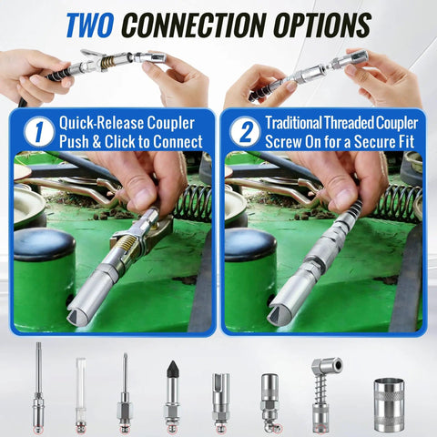 9 Piece Grease Gun Couplers Quick Connect Kit showing two connection options; quick-release and traditional threading.
