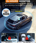 Car overlay showing 24H protection by 3 Channel WiFi Dash Cam With Front, Rear And Cabin Cameras, G-Sensor, Loop Recording.