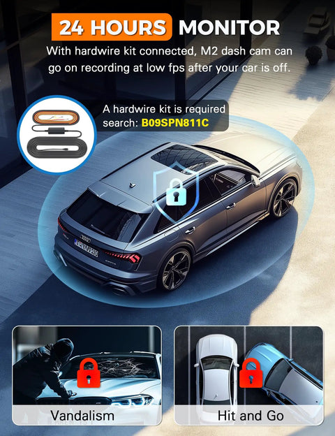 Car overlay showing 24H protection by 3 Channel WiFi Dash Cam With Front, Rear And Cabin Cameras, G-Sensor, Loop Recording.