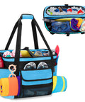XL Beach Tote Bag With Insulated Cooler Compartment And Wet Dry Separation, open view with gear and pockets, blue color