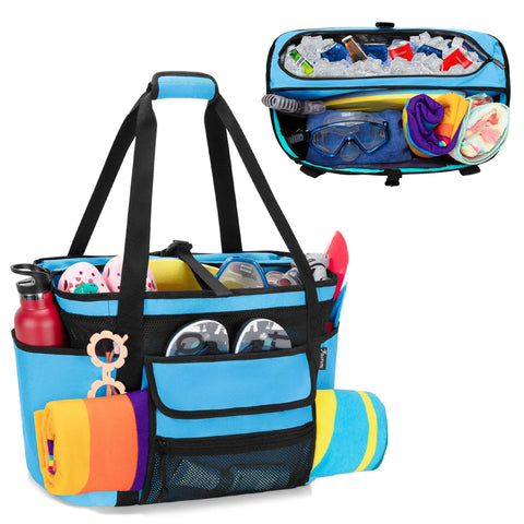 XL Beach Tote Bag With Insulated Cooler Compartment And Wet Dry Separation, open view with gear and pockets, blue color