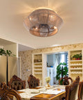 Handwoven Rattan Ceiling Fan with Light and Remote for Bedroom Living Room in an elegant dining area with decorative ceiling.