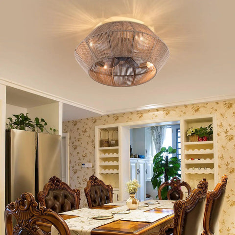 Handwoven Rattan Ceiling Fan with Light and Remote for Bedroom Living Room in an elegant dining area with decorative ceiling.