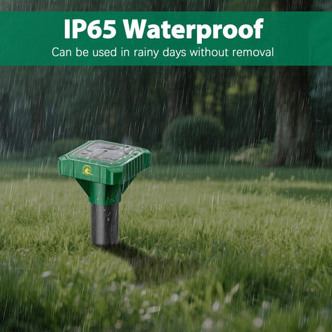 Solar Powered Mole And Gopher Deterrent Eight Pack With Ultrasonic Waves in rainy garden, IP65 waterproof