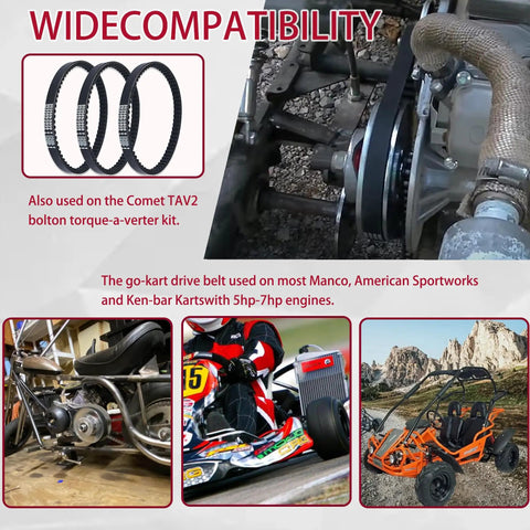 30 Series Go Kart Drive Belt Replaces 5959 and 203589 for Torque Converter Kits with images of go-kart compatibility and drive belt use