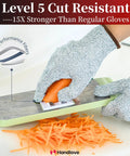 Cut Resistant Gloves With Non Slip Silicone Grip For Real Kitchen Work Including Meat Cutting, Oyster Shucking, Mandoline Slicing And Wood Carving, Washable Green Size Large, Level 5 Protection For Safe, Confident Handling being used on a mandoline slicer.