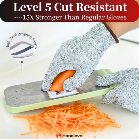 Cut Resistant Gloves With Non Slip Silicone Grip For Real Kitchen Work Including Meat Cutting, Oyster Shucking, Mandoline Slicing And Wood Carving, Washable Green Size Large, Level 5 Protection For Safe, Confident Handling being used on a mandoline slicer.