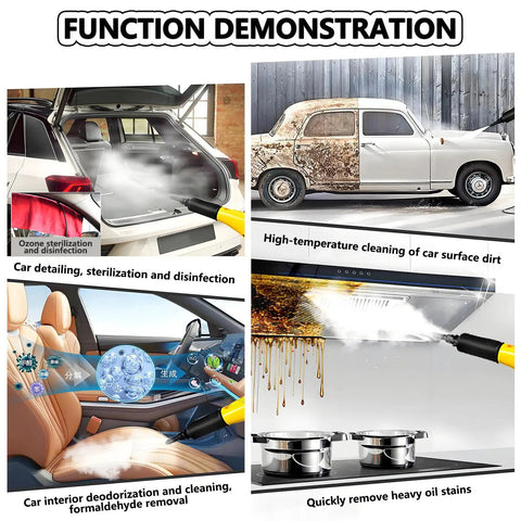 Function demonstration of 3000W Handheld Steam Cleaner showing cleaning car interiors and kitchen surfaces with 230F steam.