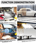 Function demonstration of Multi-Purpose High Temp Steam Cleaner With 3.5L Tank And Ozone Function for car detailing and kitchen cleaning.