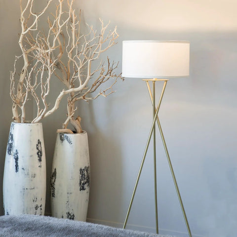 LED Floor Lamp With Gold Tripod Base And Drum Shade, Tall Contemporary Standing Lamp For Living Rooms And Offices, Modern Industrial Style Lit Glow For Bedroom Reading And Home Decor