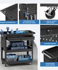 Rolling Tool Cart With Drawers And Pegboard, Heavy Duty Utility Cart On Wheels For Garage And Warehouse, Industrial Mechanic Cart With Three Tier Tool Storage, Tough Steel Build, Black Finish with lockable drawer and swivel casters
