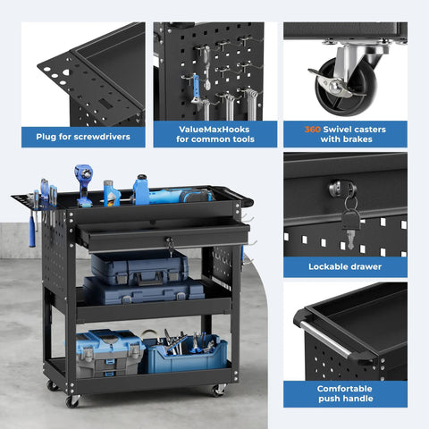 Rolling Tool Cart With Drawers And Pegboard, Heavy Duty Utility Cart On Wheels For Garage And Warehouse, Industrial Mechanic Cart With Three Tier Tool Storage, Tough Steel Build, Black Finish with lockable drawer and swivel casters