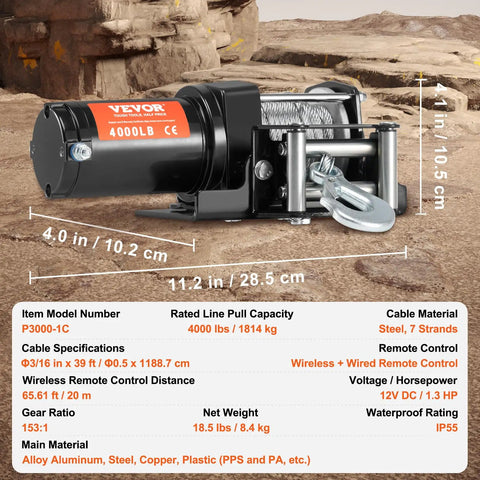 VEVOR 4000 Lb Electric Winch For Atv And Utv Recovery, heavy duty steel rope, dimensions 11.2 in x 4 in, with wireless remote control.